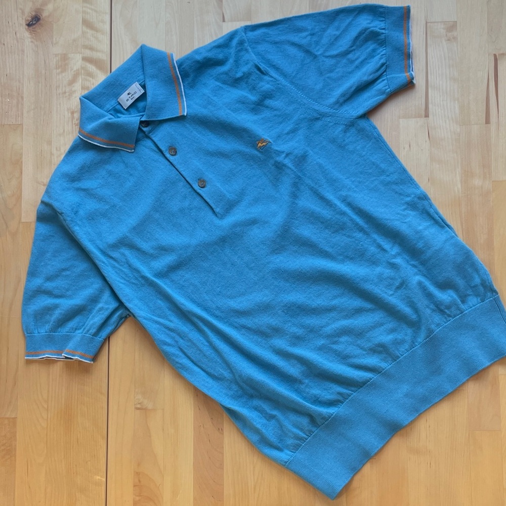 NWOT baby blue Etro cotton cashmere woven Polo Shirt with Orange Accents